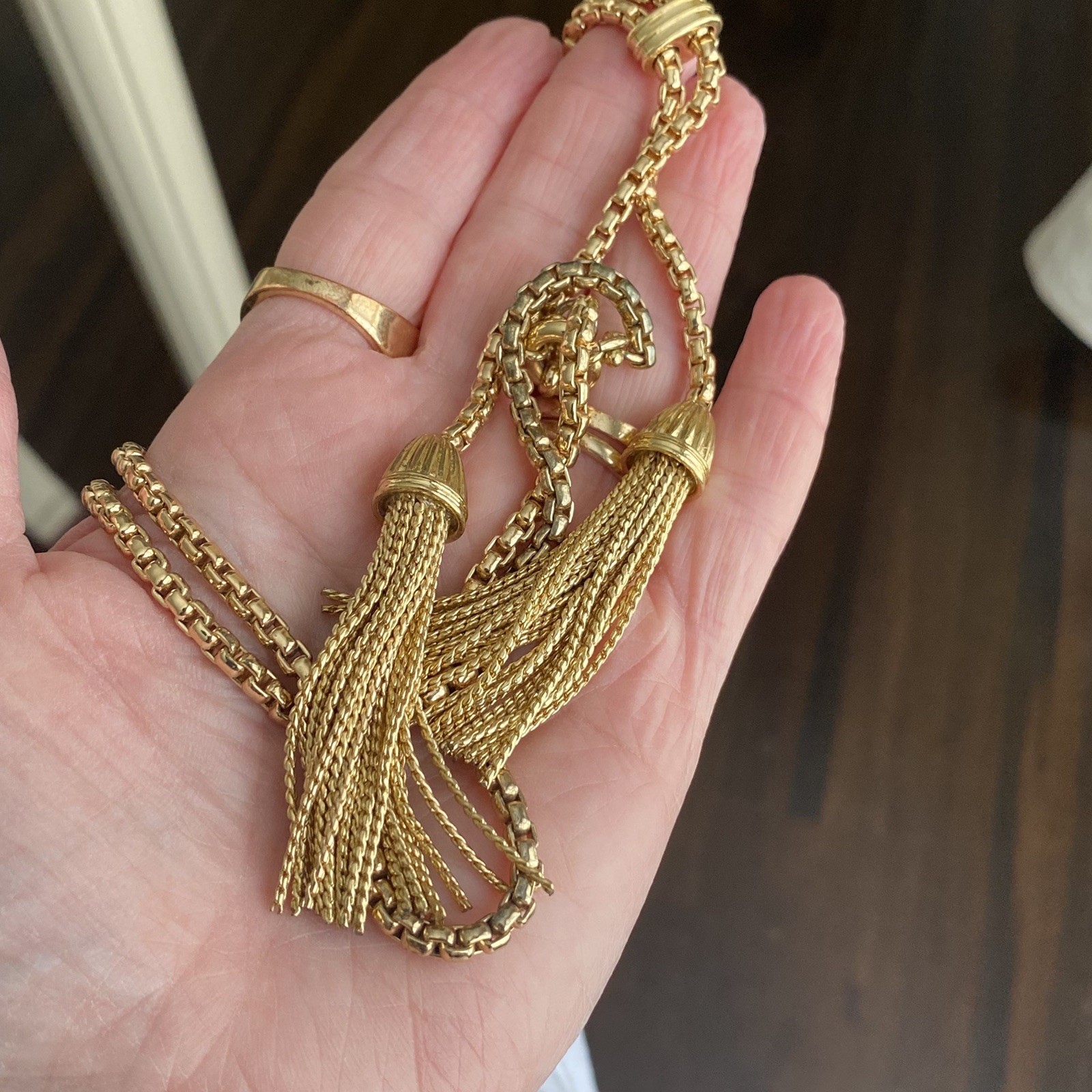J Crew Gold Tone Lariat Boxed Chain Double Tassel Necklace Flapper style Vintage