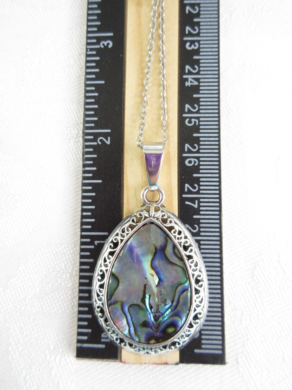 Abalone Shell Pendant Necklace Teardrop Silver Filigree Colorful Blue EXQUISITE