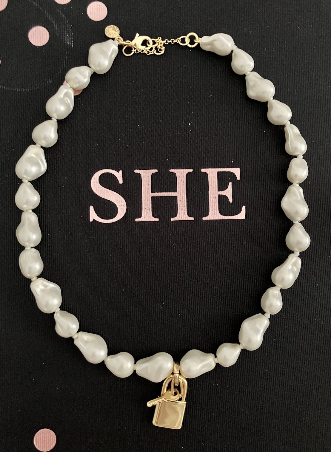 NWT J Crew White Baroque Pearl Beaded Necklace Gold Tone Padlock Key Charm
