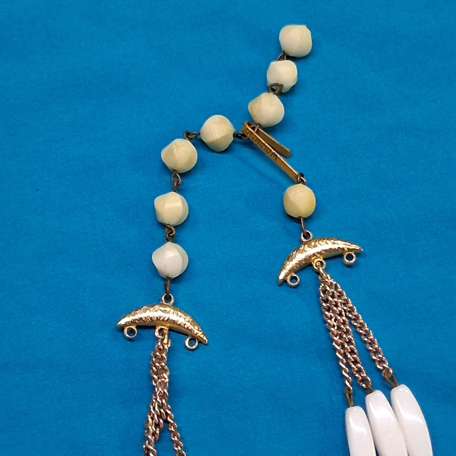 Vintage West Germany Marked White Polished Stone 3-Tier Gold Tone Necklace
