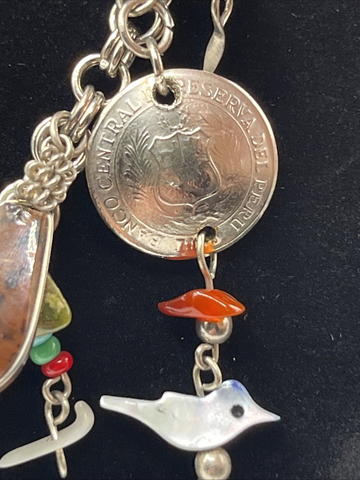 Peruvian Artisan Bird Charm Necklace Mixed Stone Peru Coin Boho Folk Art