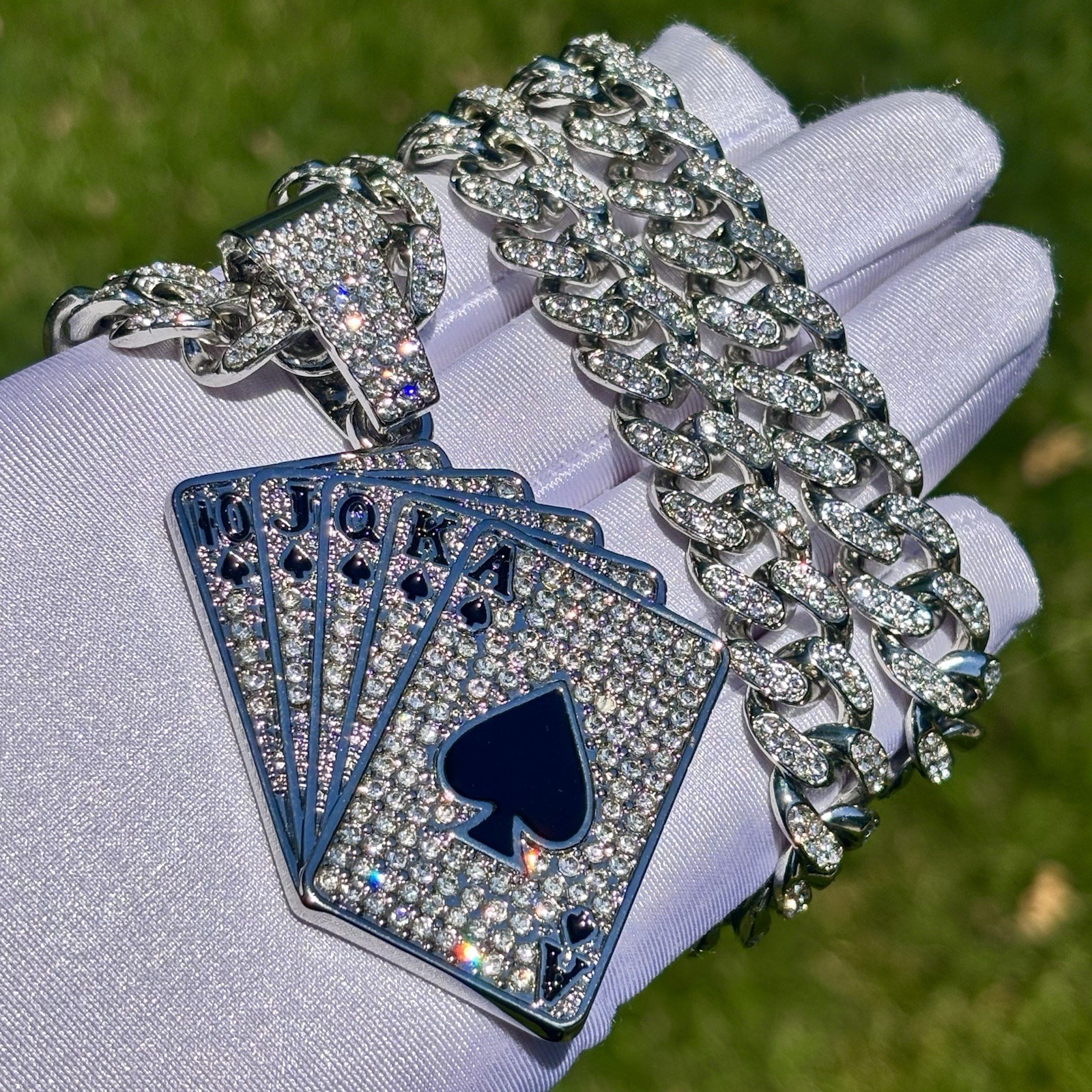 Royal Flush Pendant / Iced out Cuban Link Chain Necklace White Gold Plated