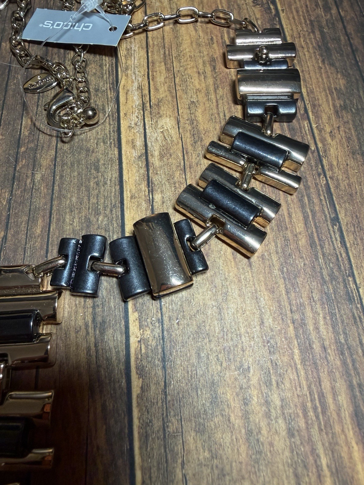 Chico’s Black Grey Gold Geometric Bold Dramatic Chunky Statement Necklace New