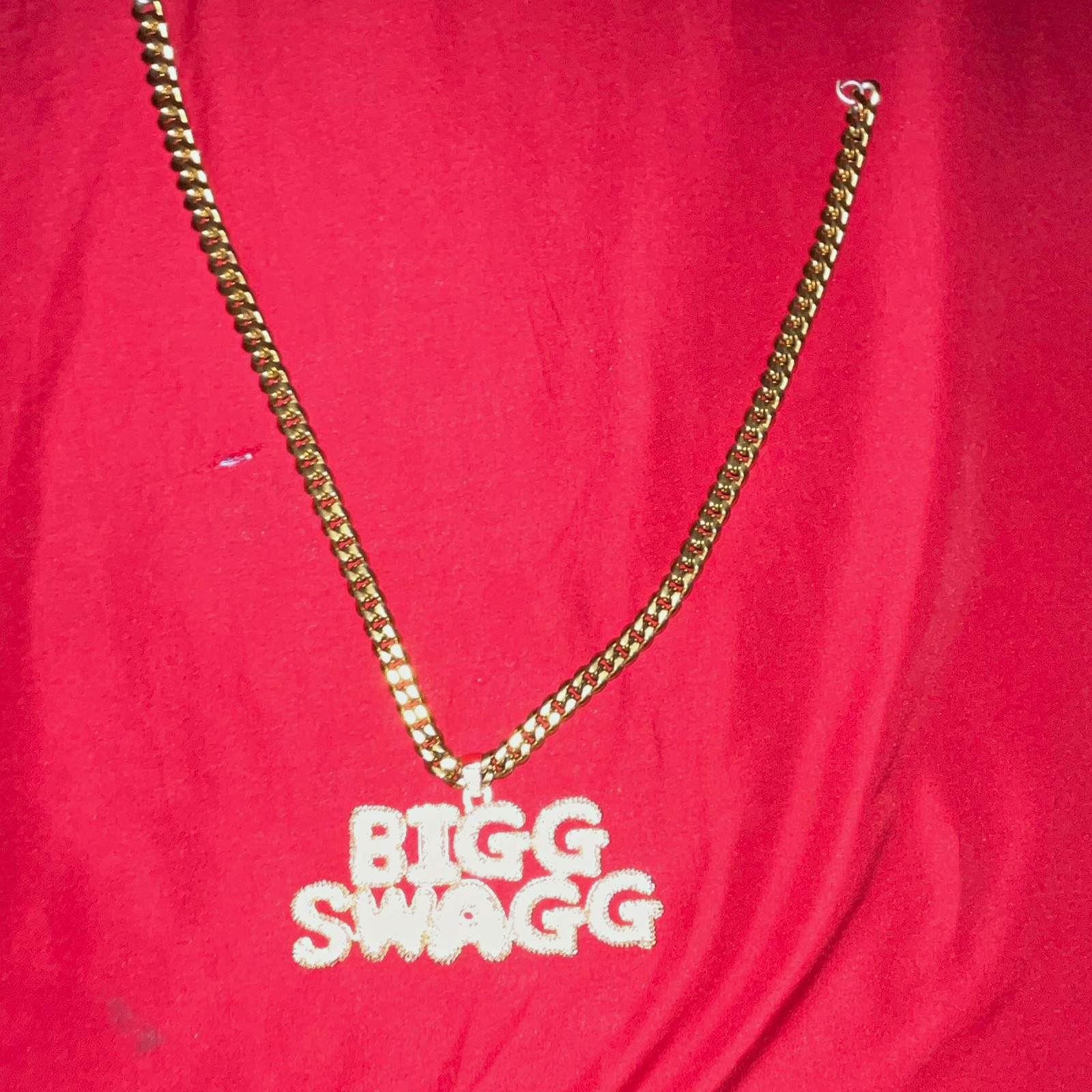 Gold Curb Chain Necklace Engraved “BIGG SWAGG” Letter Pavé Rhinestone