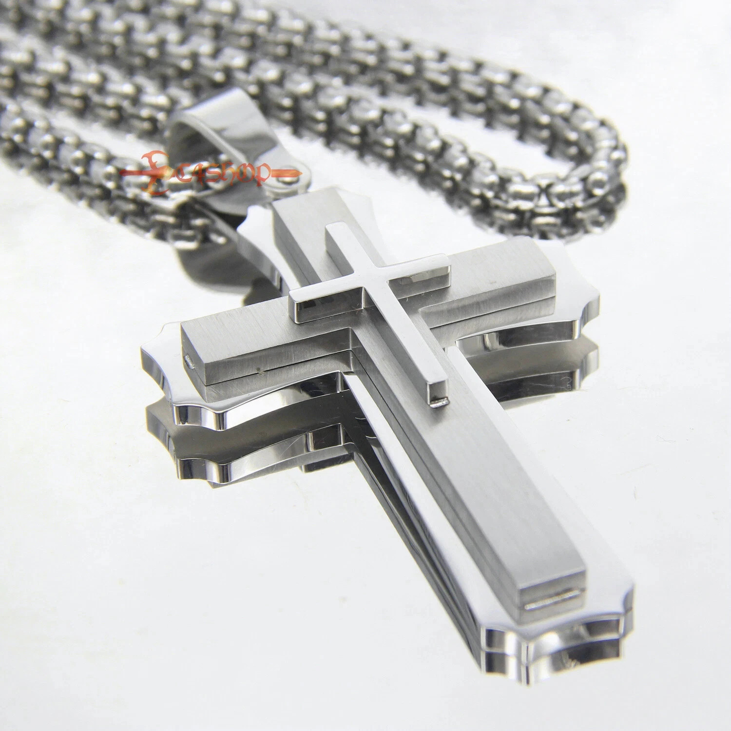 Huge Stainless Cross Men’s Necklace Pendant Heavy Large Silver Polished 3 Layer