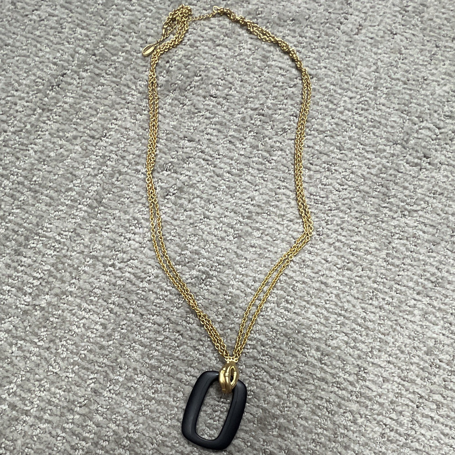 Gold Tone Cable Chain Necklace Black Rectangle Charm Pendant, No Stone