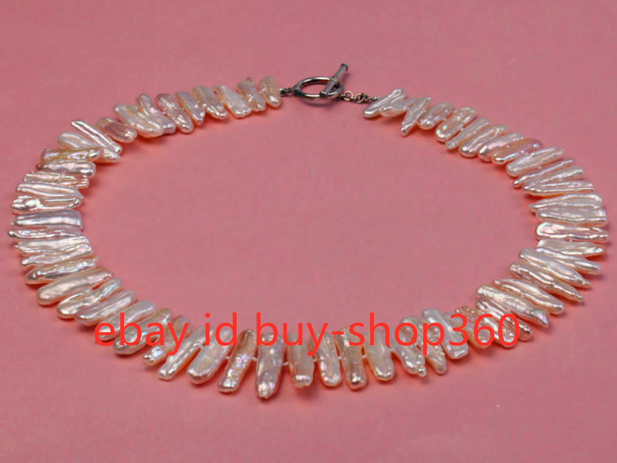Natural 6x24mm Pink Freshwater Biwa Pearl Necklace Women Bridal Jewelry 18″