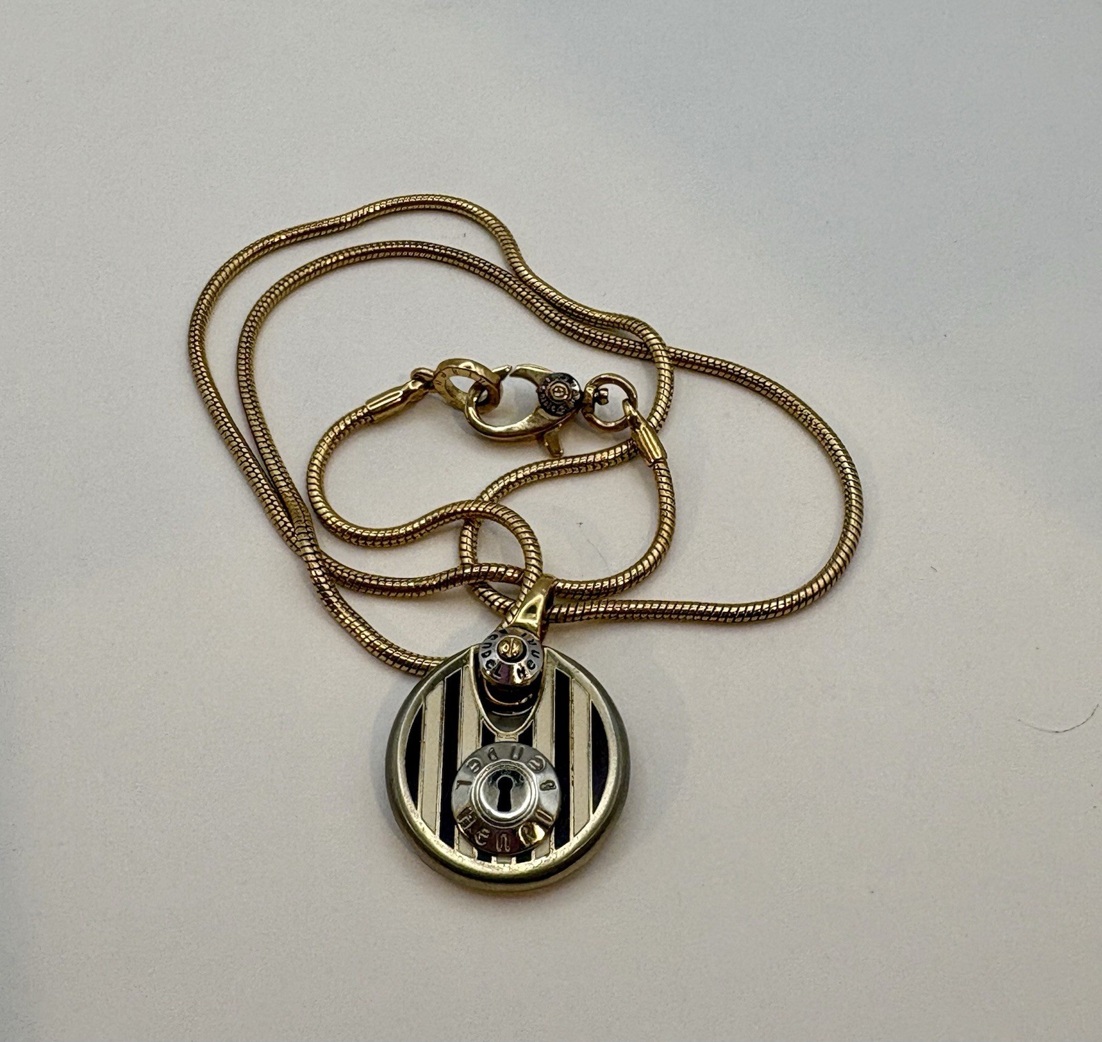 Henri Bendel Lock Pendant Necklace Brown White Stripe Gold Tone Snake Chain