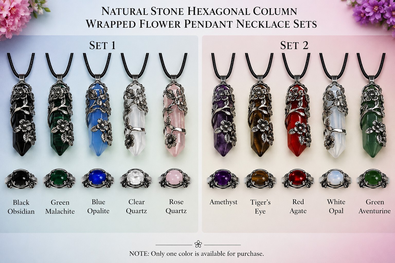 Natural Stone Hexagonal Column Shaped Wrapped Flowers Pendants Necklace Set