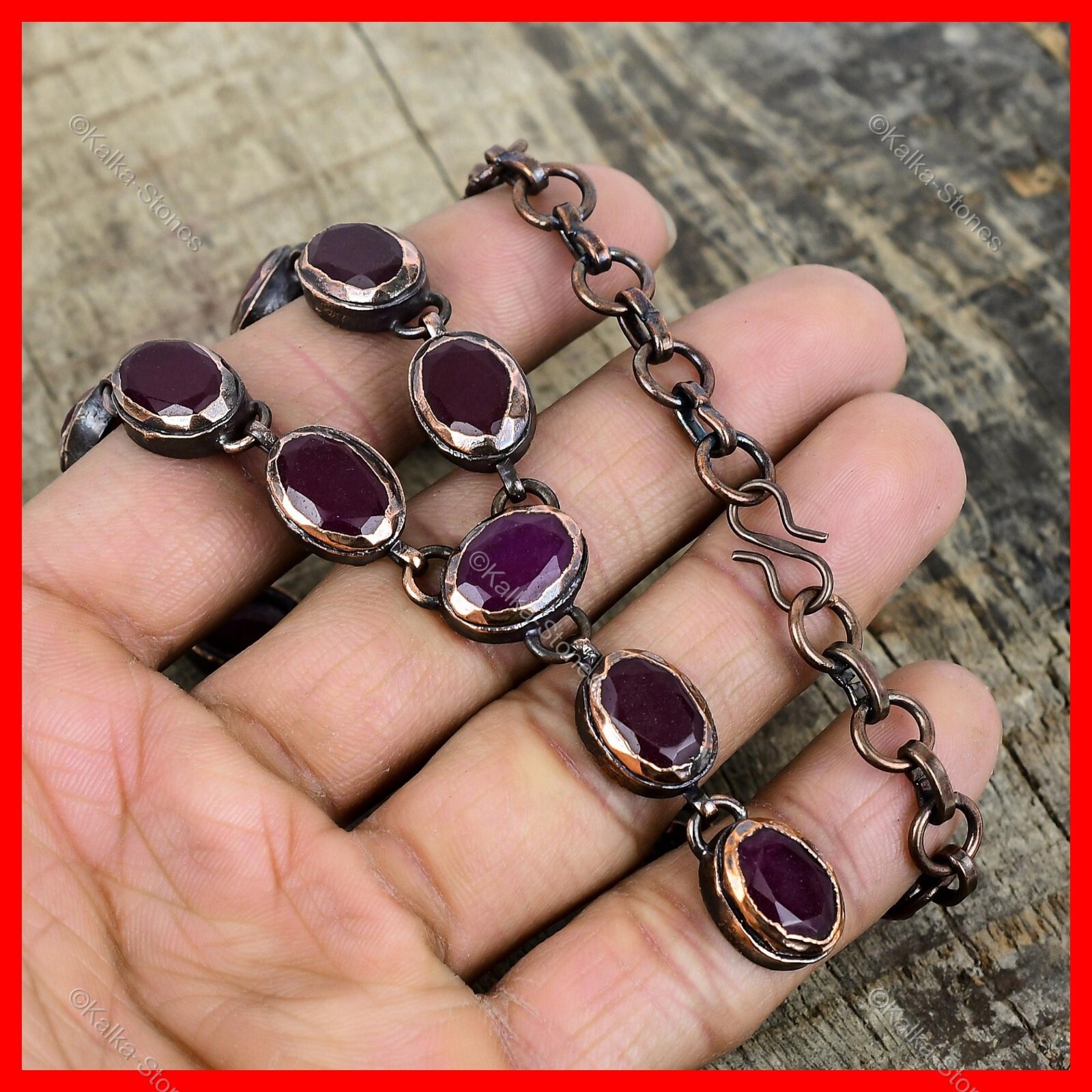 Copper Natural Kashmir Rubi Bezel Chain Electroformed Artisan Necklace Jewelry