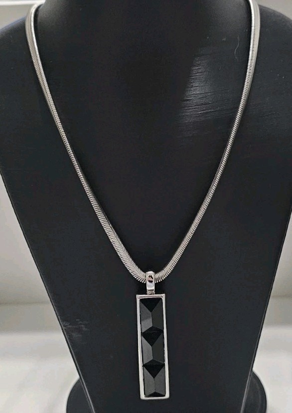 WHBM Reversible Black Onyx Crystal Rhinestone Bar Pendant Necklace Snake Chain