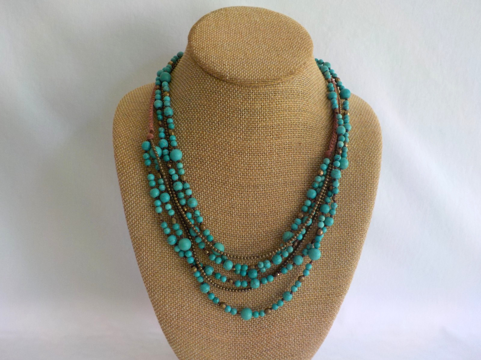 Nakamol Faux Turquoise Necklace Metal Bead Round Multi Strand Cord Long