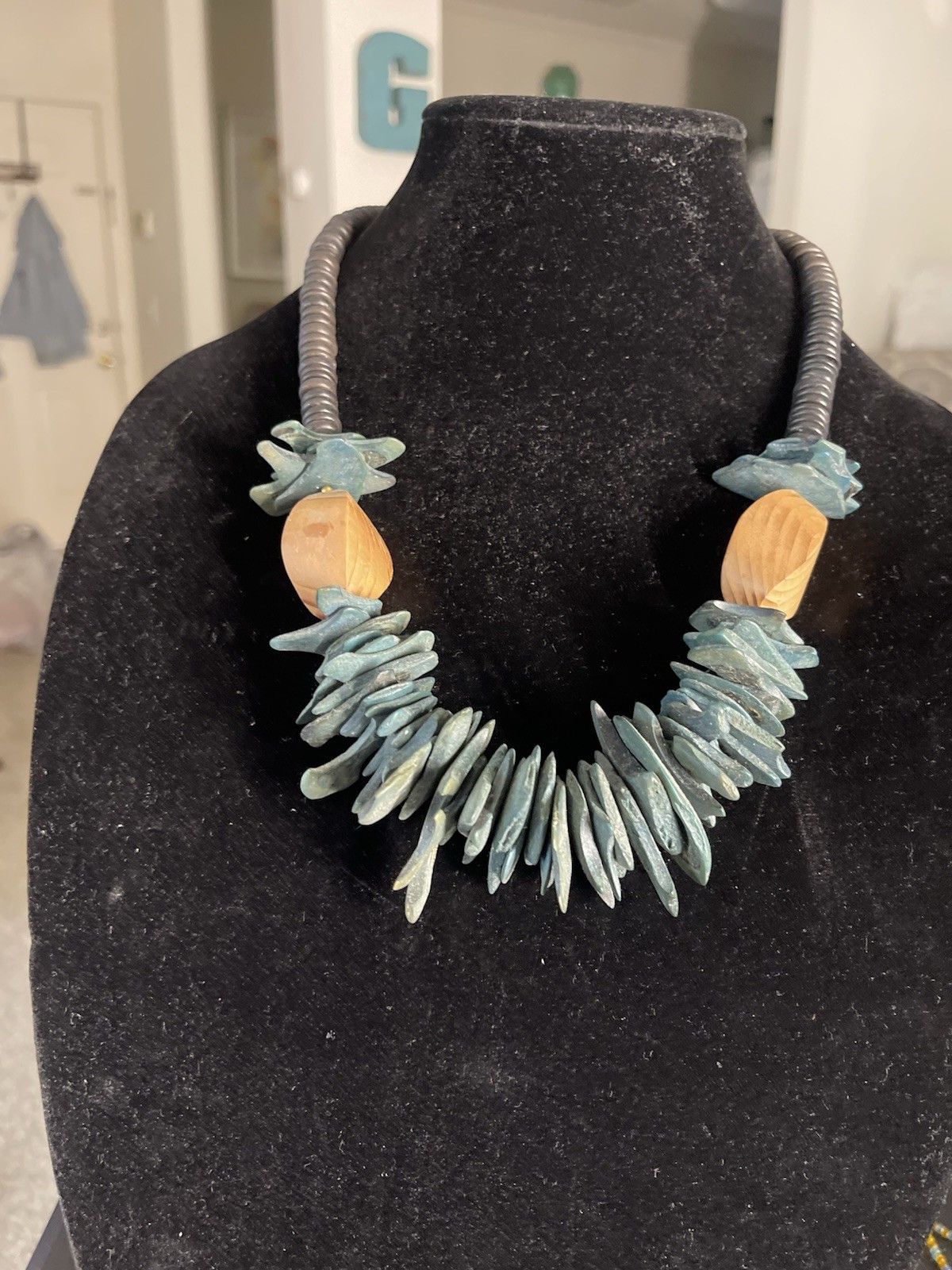 Statement Beaded Necklace Black Cord Blue & Brown Wood Beads Beaded Chain