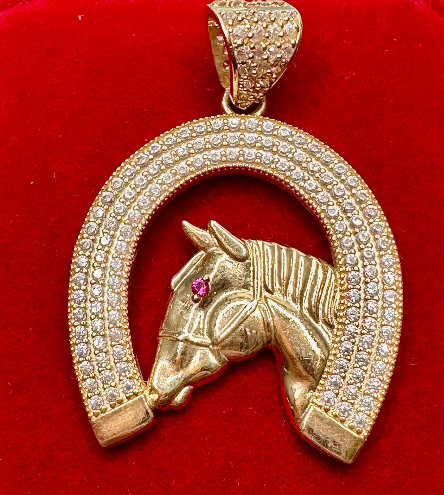 14K Yellow Gold Horseshoe Horse Head Pendant Cubic Zirconia/Ruby