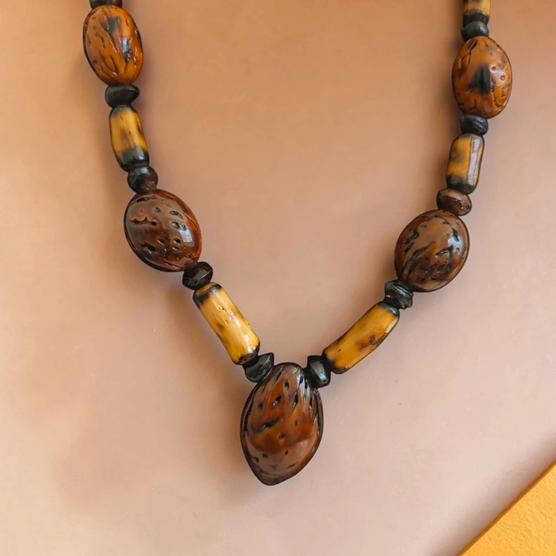 Vintage Carved Pit & Bamboo Statement Necklace – 78cm Long Boho Unique Wooden