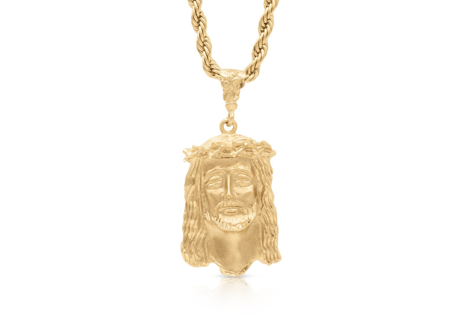 Large Jesus Pendant Necklace, 5mm French Rope Chain, 14k Heavy Gold Plated