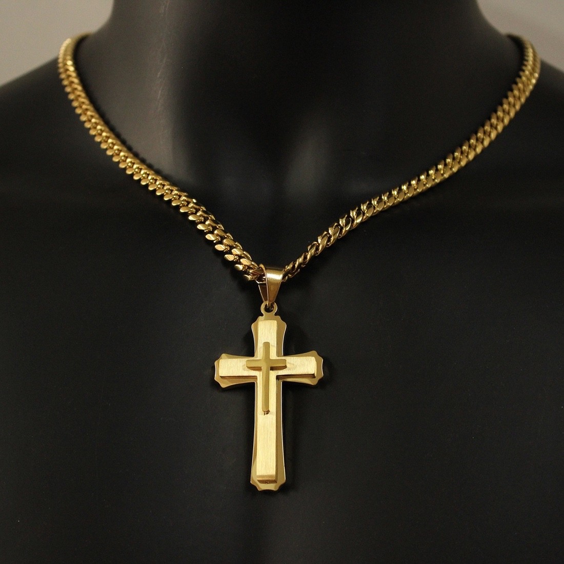 Men’s Stainless Steel Cross Necklace Cuban Chain Pendant Gold Silver Black 24