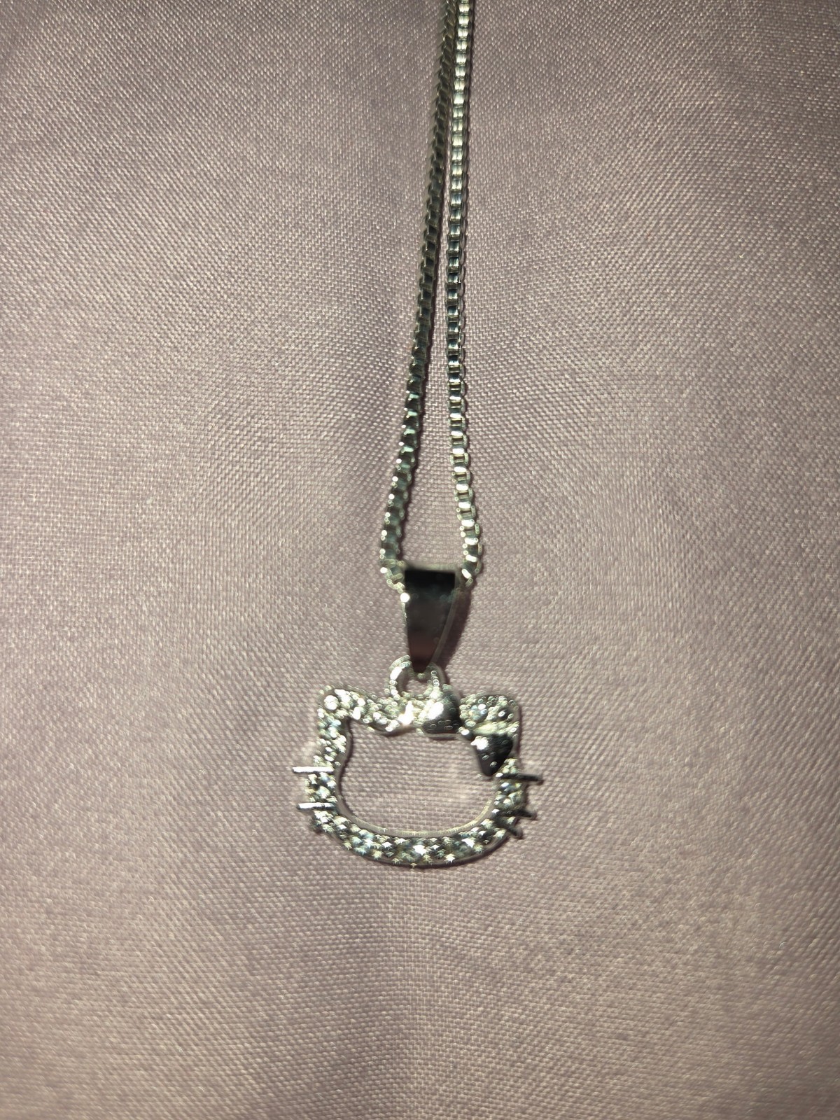 Hello Kitty Cat Charm Pendant Necklace, Silver Tone Pavé Crystal, Snake 24 in
