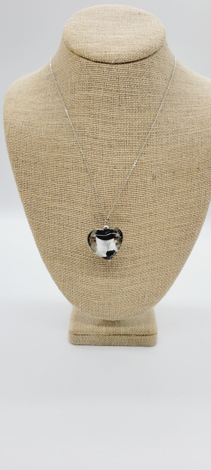 Heart Pendant Sterling Silver Necklace Black & Grey Lucite 19 in Chunky