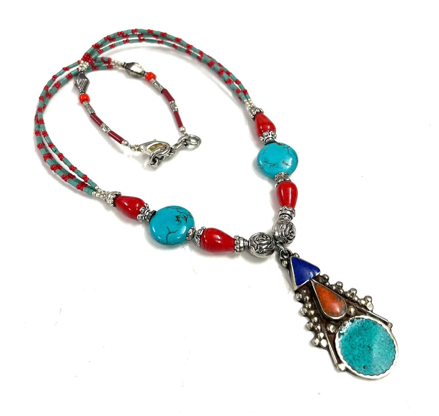Antique Turquoise Coral Gemstone Tibetan Bohemian Necklace Jewelry, 18 Inc Adjs