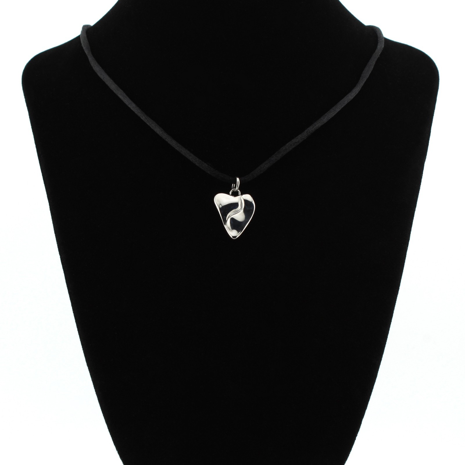 Silver Heart Pendant Necklace Black Satin Silk Cord Stainless Steel Jewelry
