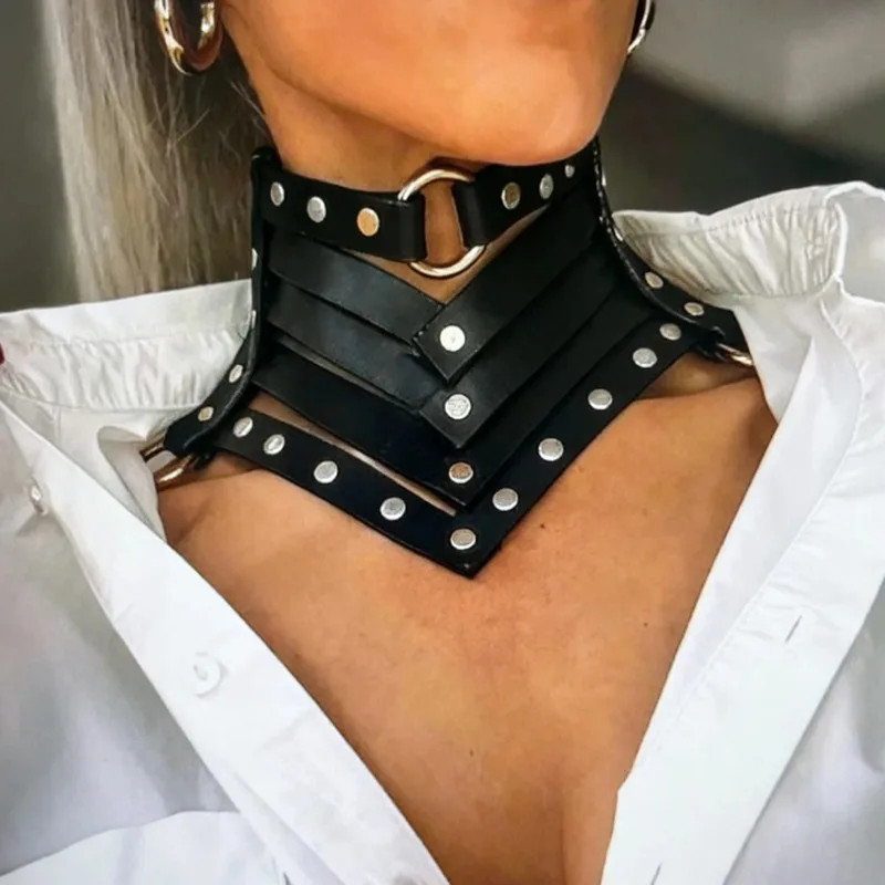 Punk Long Spike Choker Faux Leather Collar Women Men Cool Big Rivets Studded
