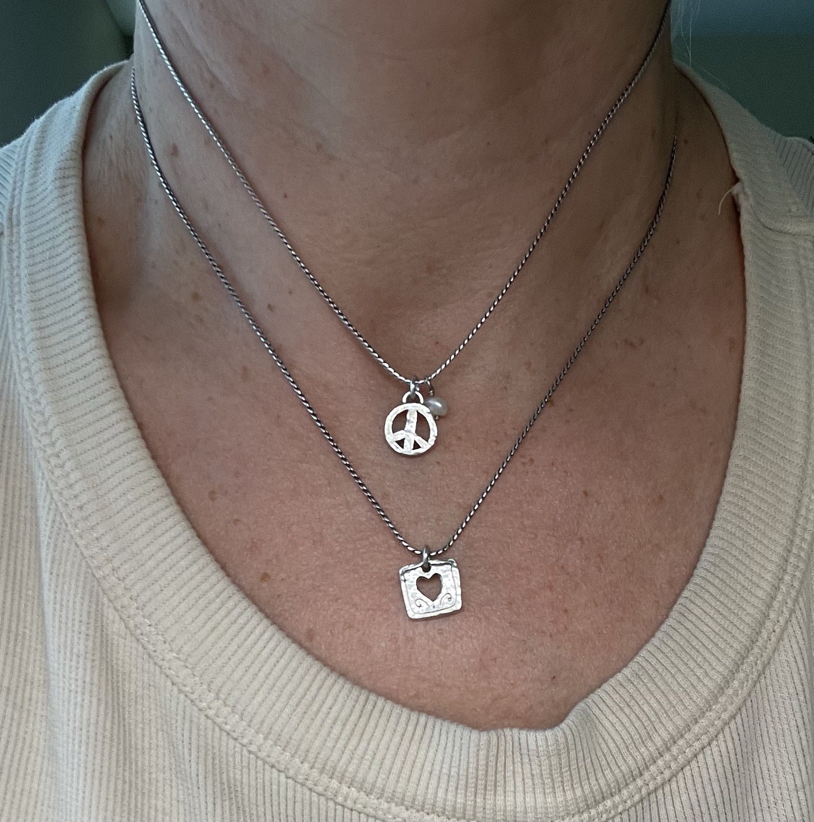 Brighton LOVE & PEACE Silver Plated Heart Pearl Peace Signs Pendant Necklace