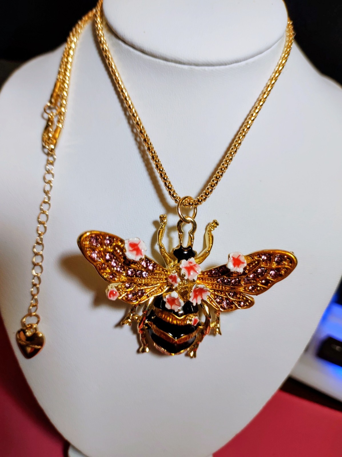 Betsey Johnson Yellow & Black Rhinestone Enamel Bumblebee Flowers Necklace