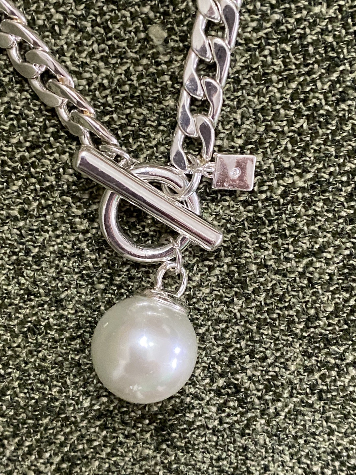 Faux Pearl And Silver tone Toggle Necklace