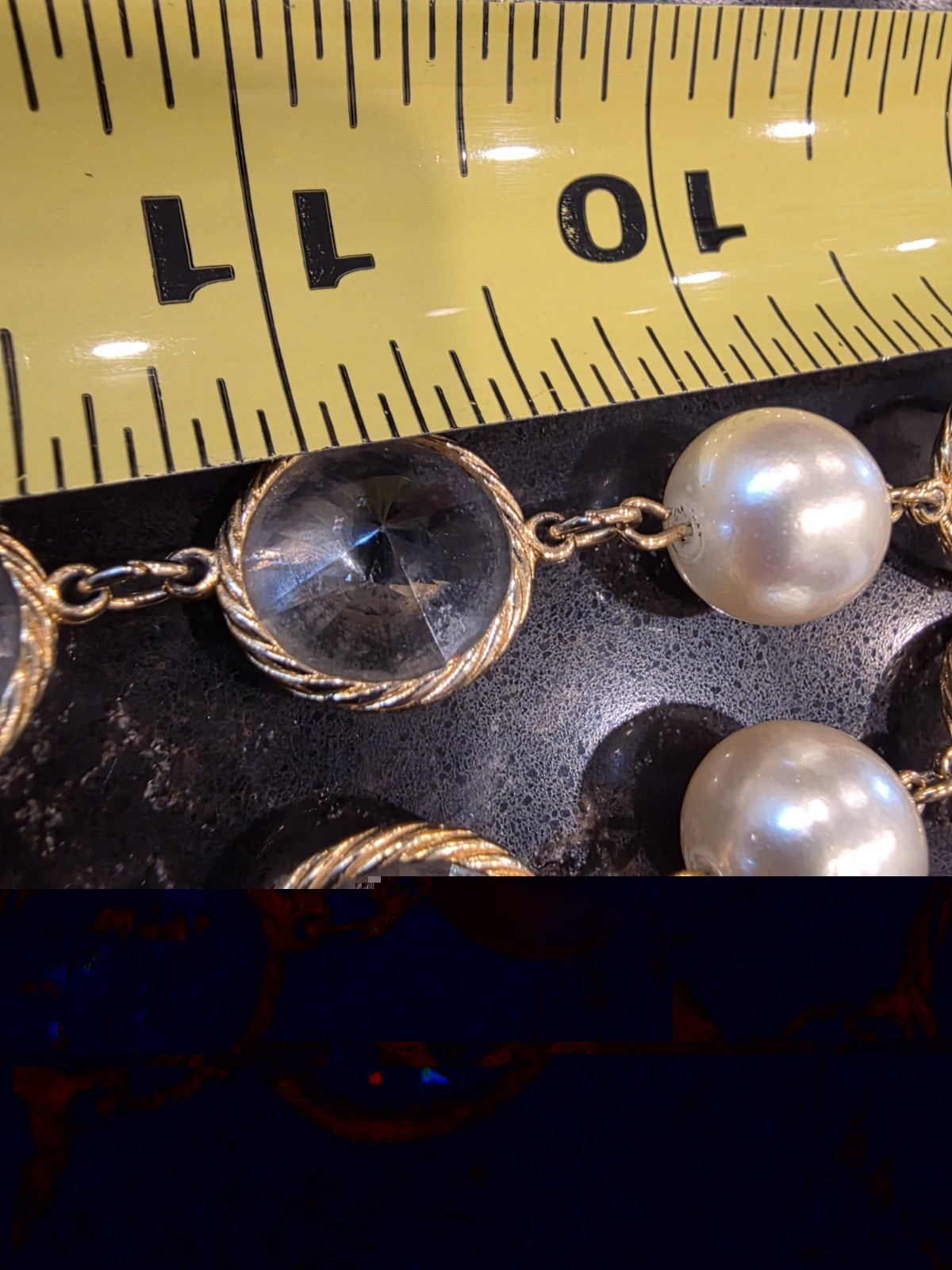 French Fancy Bezel Set Double Point Crystal & Glass Pearl Rope Necklace 32″ L