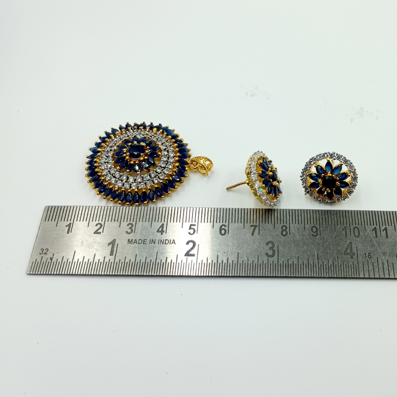 Traditional 22k Gold Plated Sapphire CZ Diamond Bridal Pendant Set Wedding Jewel