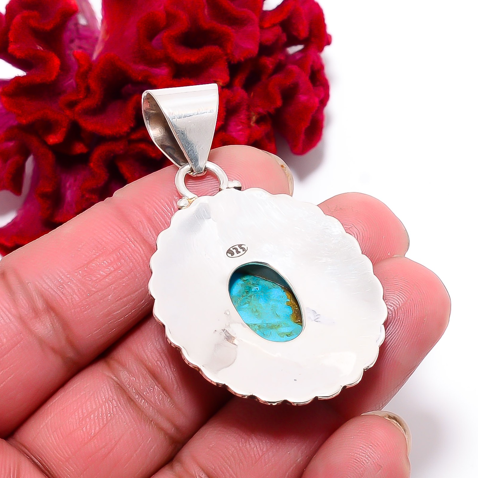 Magnesite Turquoise 925 Sterling Silver Bali Pendant 2.22″ P96155