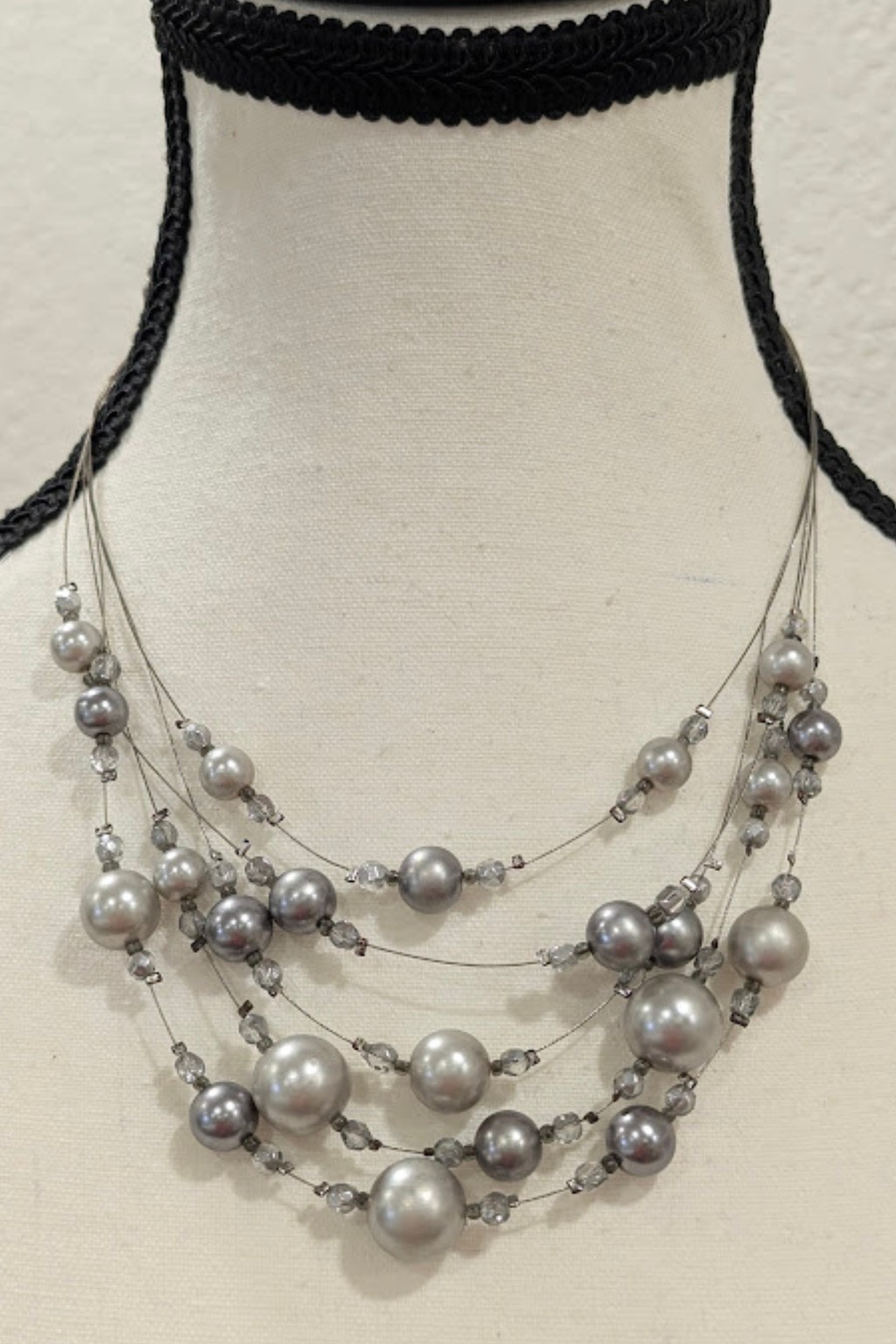 Gray Faux Pearl Crystal Layered Necklace Floating Strand Wedding Cocktail