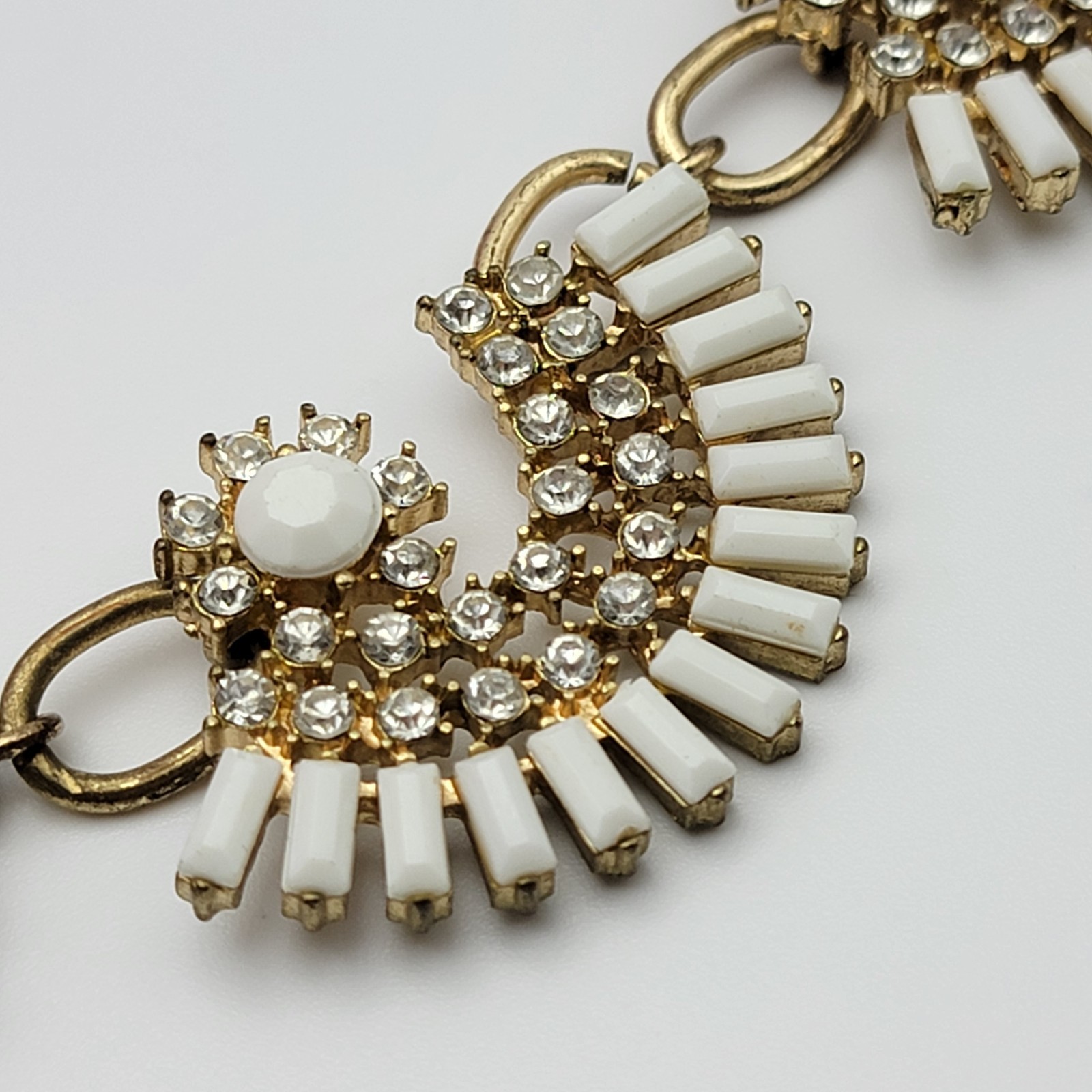 Gold Tone White And Clear Rhinestones Statement Bib Necklace 20″ Adj.