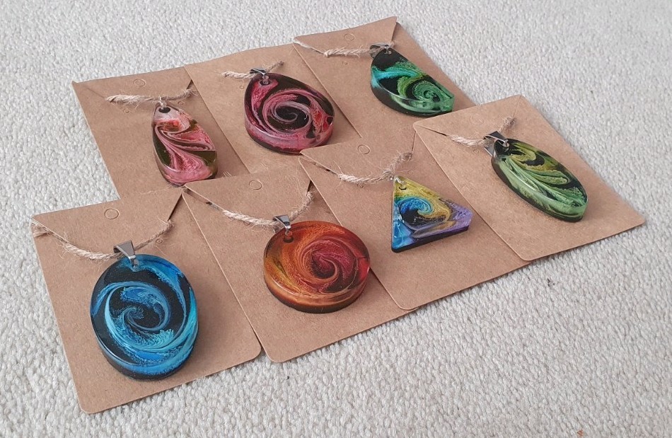 Lot Of 7 Handmade Epoxy Resin Multi Colour Swirl Pendants. Brand New