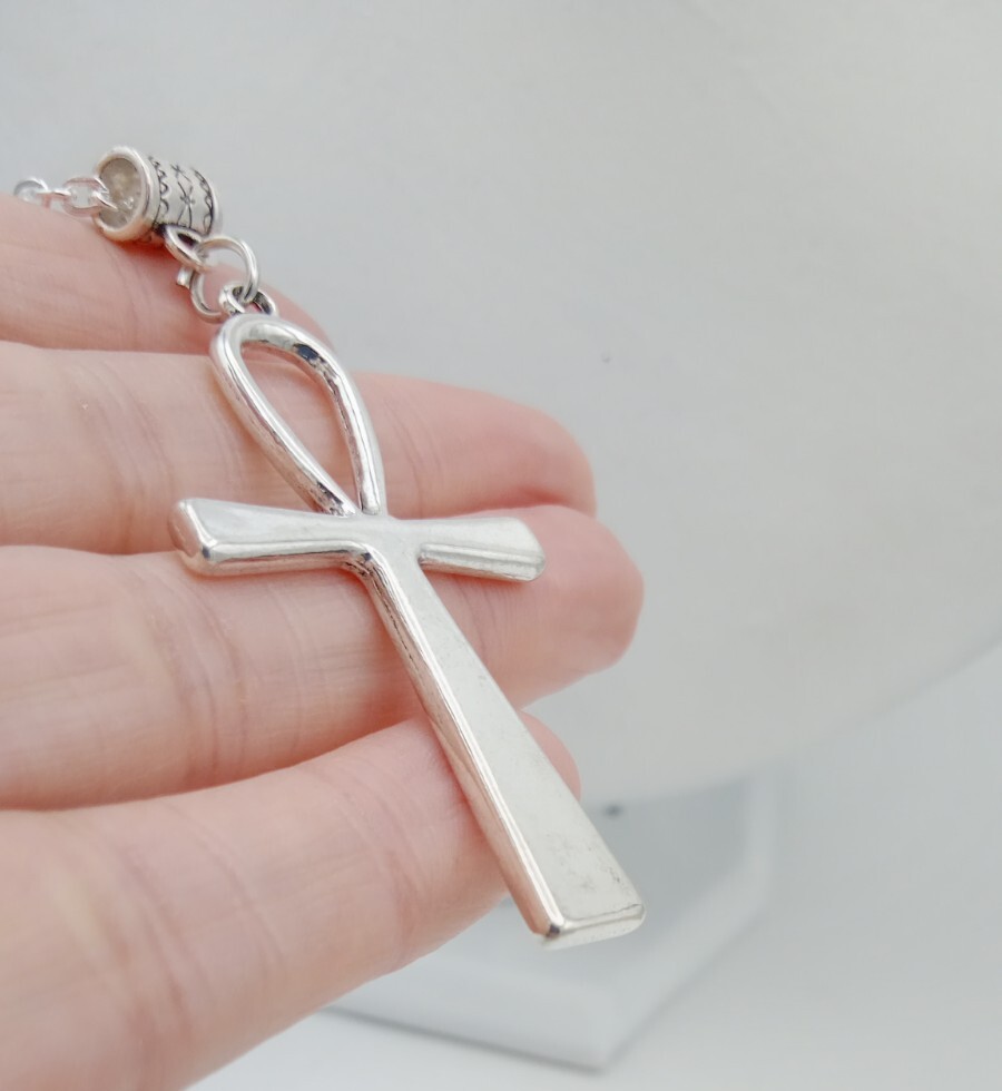 Ankh Necklace Large Key of Life CROSS Pendant Big Goth Rock Vintage silver tone