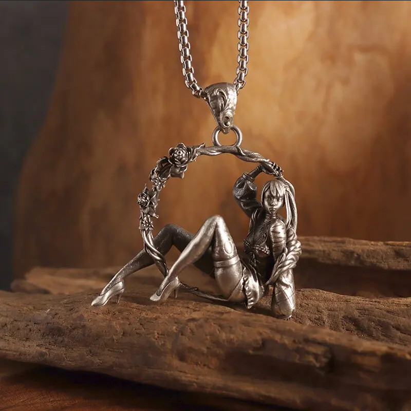 Rose Ring Beauty Jewelry Vintage Silver Sexy Goddess Swinging Pendant Necklace