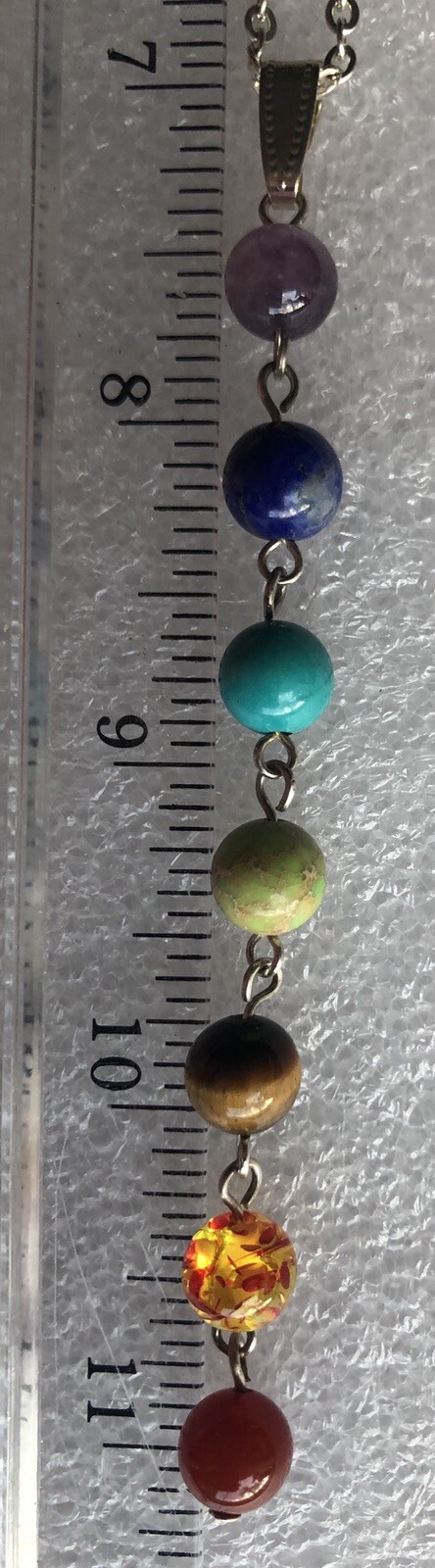 Natural Chakra Bead 7 Gem Stone Drop Necklace Adjustable 17-20” Silvertone.