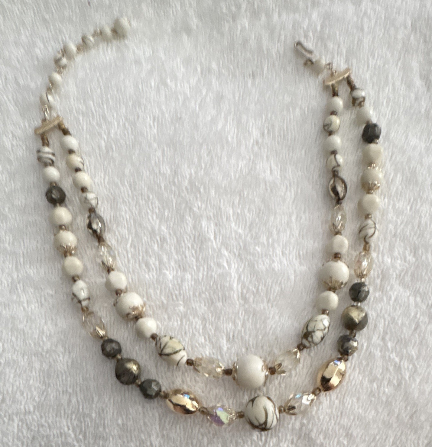 Layered Double Strand White & Gray Glass Bead Necklace w/ Crystal, Hook