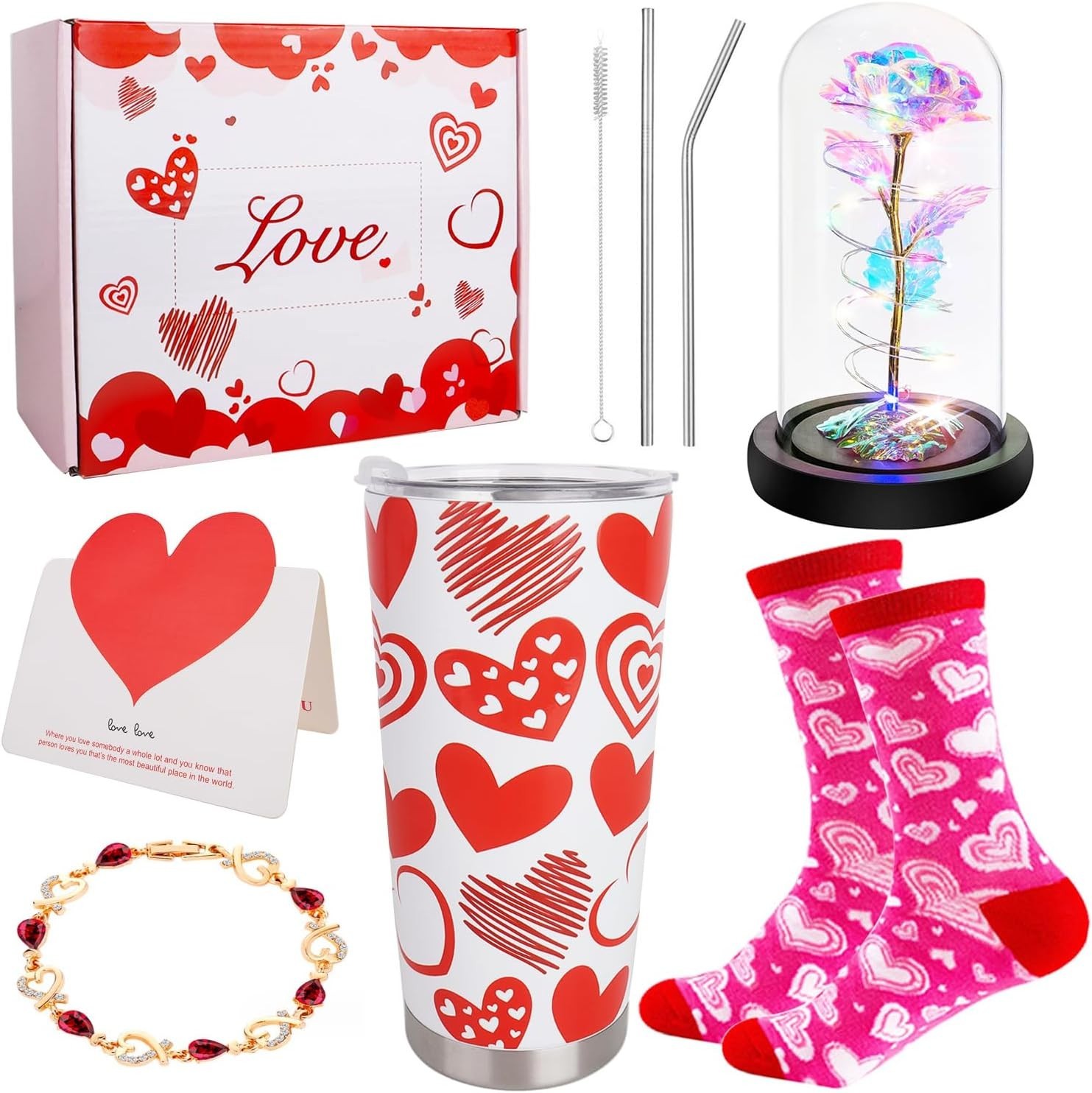 Valentine’s Day Gift Set for Her – 8 pcs Insulated Tumbler, Rose, Socks, Brac…