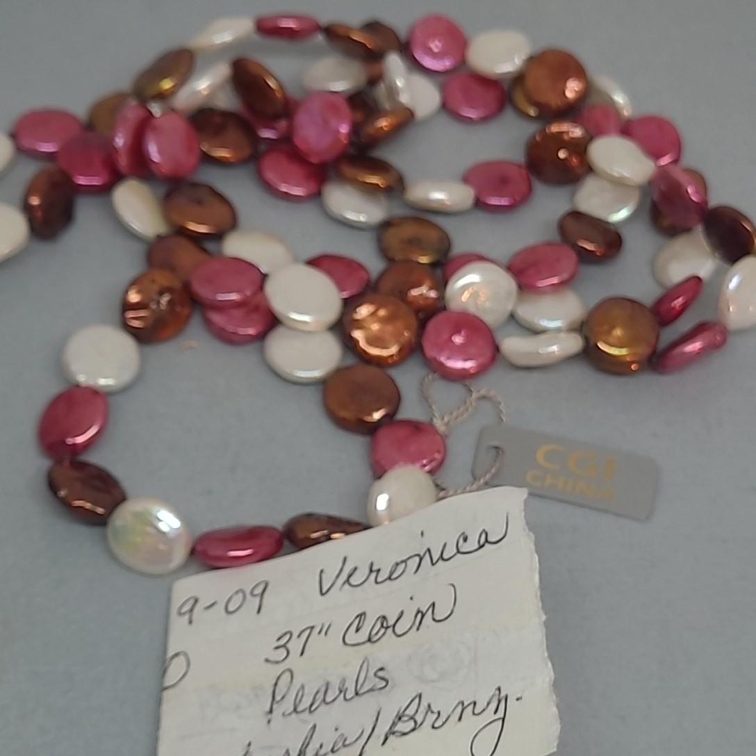 CGI China Necklace Woman Fuchsia Bronze White Freshwater Coin Pearl 37 Inch Long