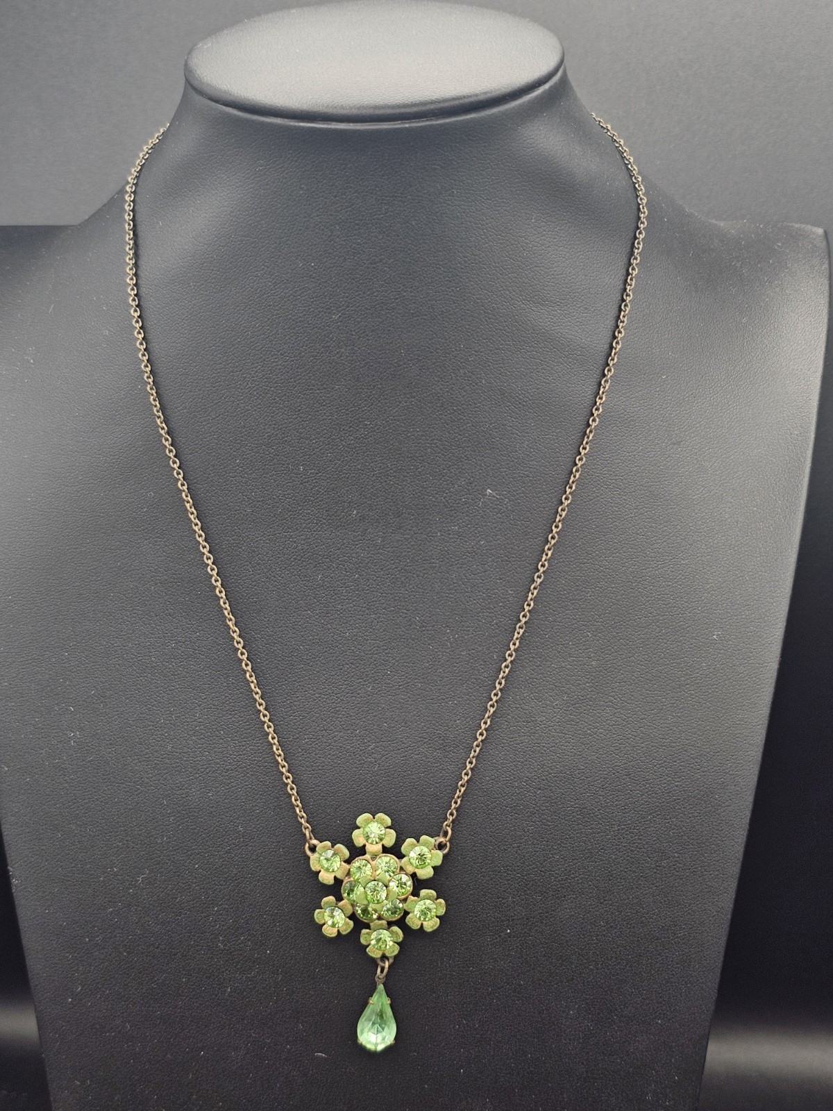 Signed Michal Negrin Peridot Green Swarovski Crystal Floral Necklace Bronze Tone