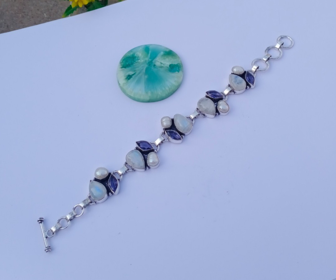 Natural Moonstone, Pearl, Amethyst Gemstone 925 Sterling silver Bracelet