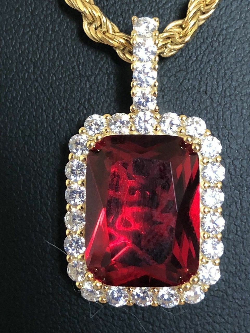 14k Gold Plated Solid 925 Silver Simulated Diamond Ruby Piece Pendant Gemstone