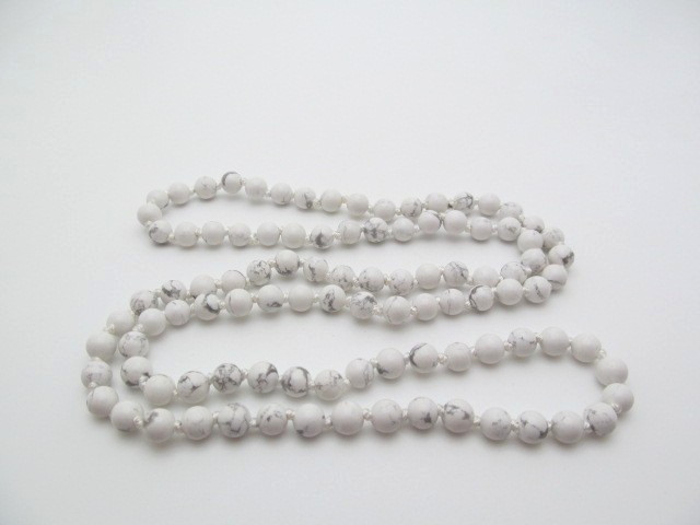 White Marbled Grey Natural Howlite 6.5mm Knotted Stone Necklace 30 In