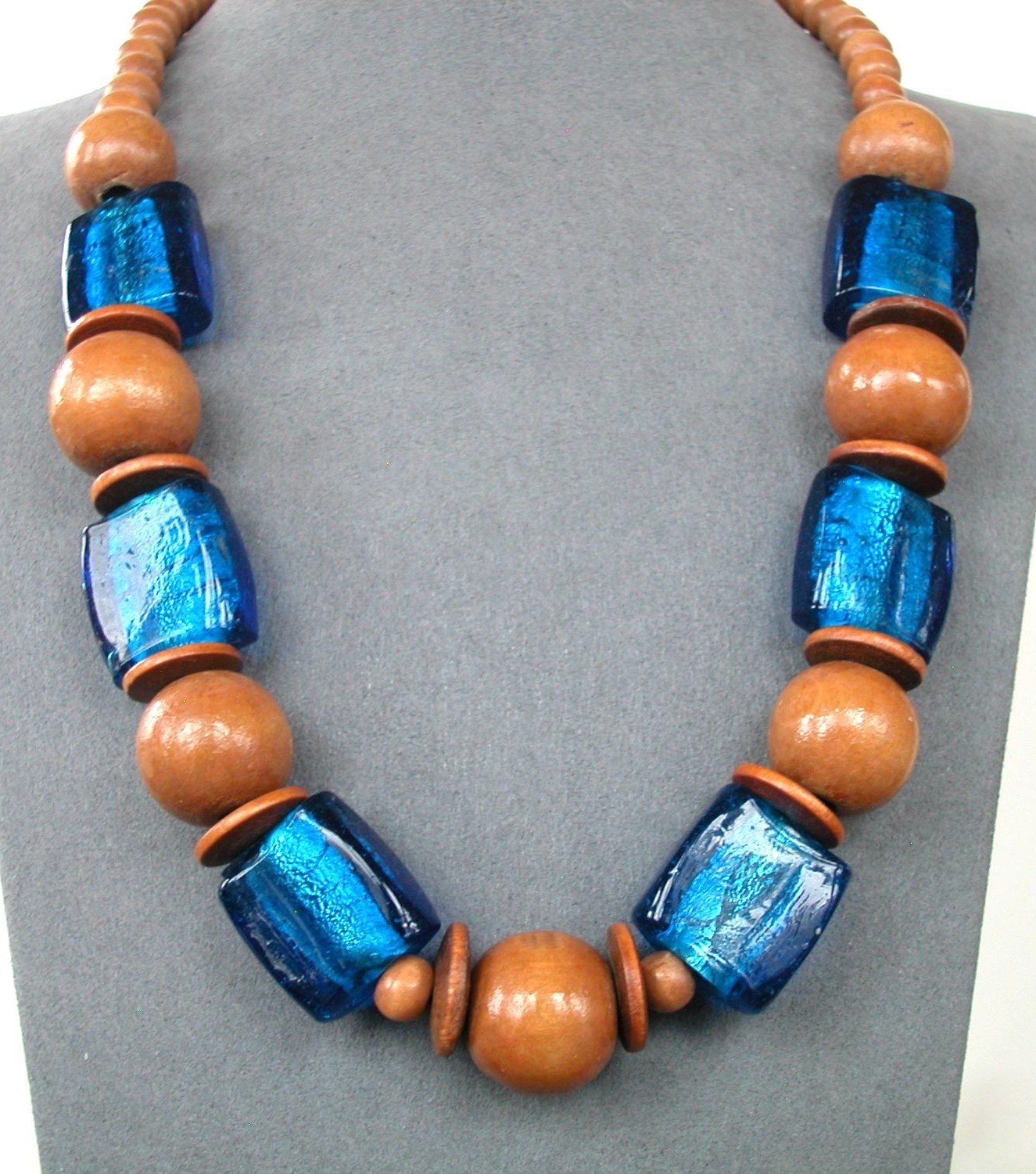 Wood & Blue Glass Bead Necklace 18″ / Lobster Clasp