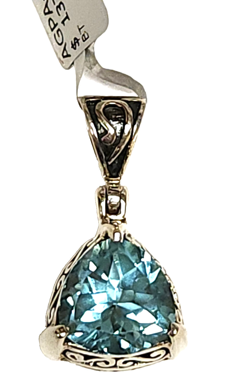 NWT SJ Sterling Silver Trillion Cut 17.42 tcw Blue Topaz Filigree Pendant 1″