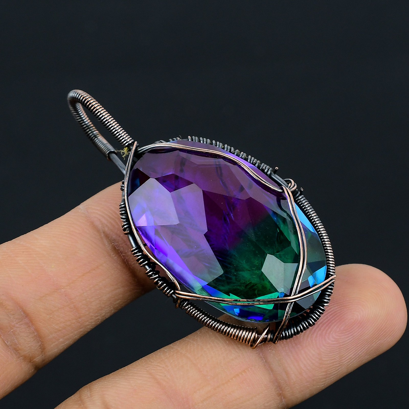 Bi Color Tourmaline Gemstone Copper Wire Wrap Jewely Pendant 2.4″ w022