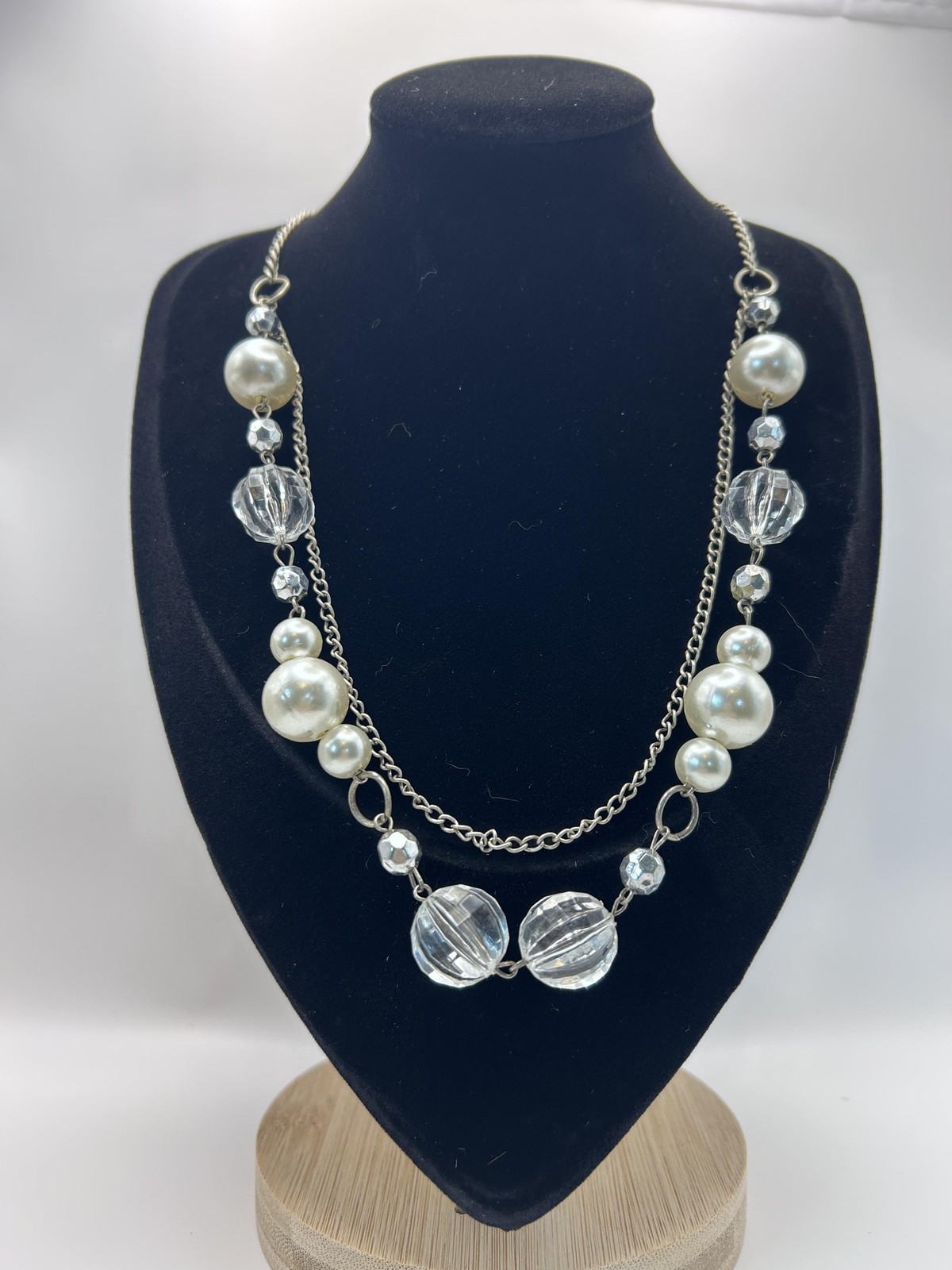 Necklace Silver Tone Layered Imitation Pearl Beaded Statement Lobster Clasp