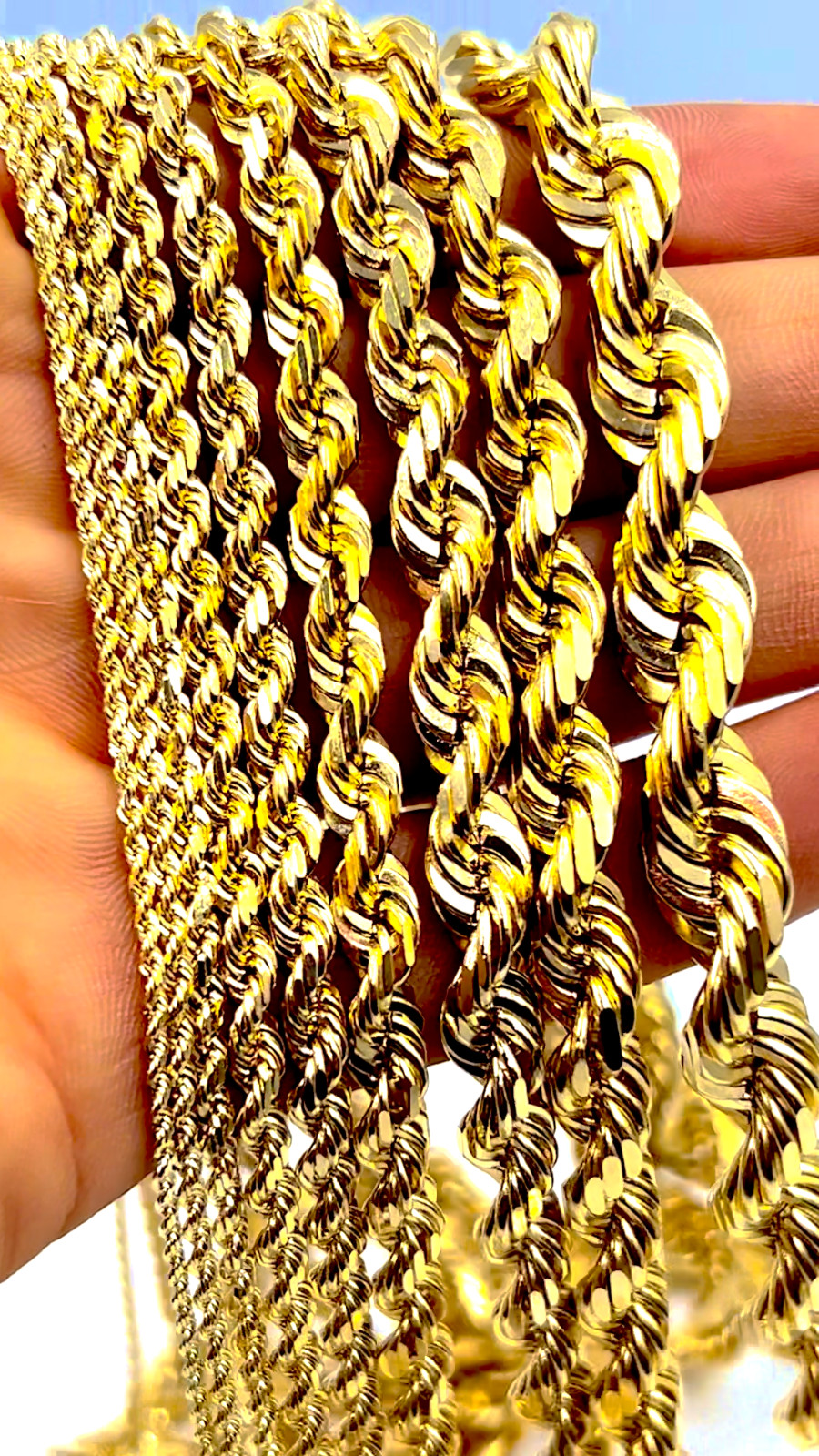 14K Yellow Gold Rope Chain Necklace Diamond Cut Real Gold 1mm-10mm 16″-30″